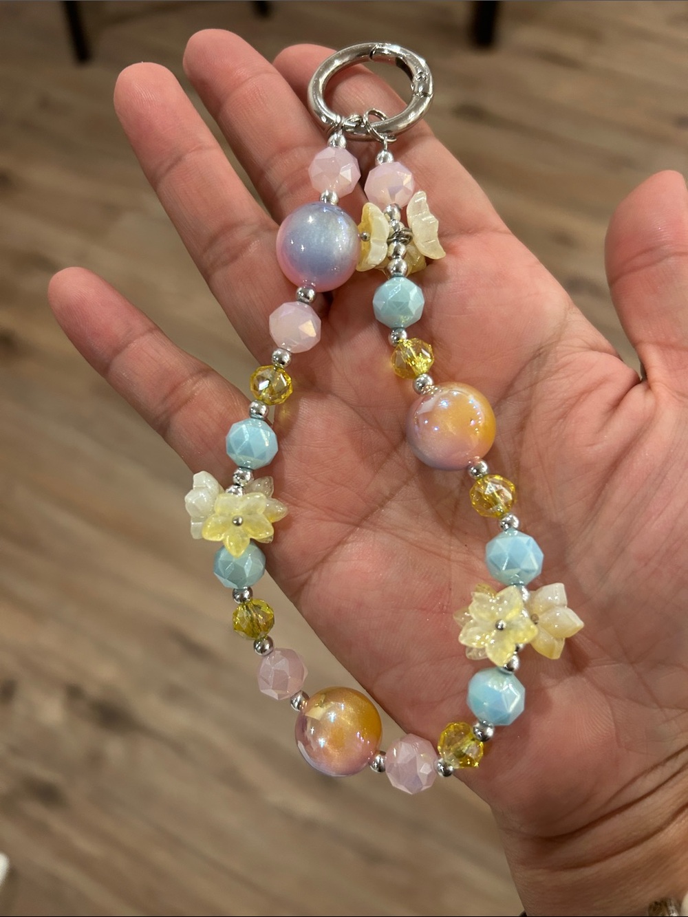 Pastel Floral Beaded Phone or Key Holder in Blue, Pink & Yellow